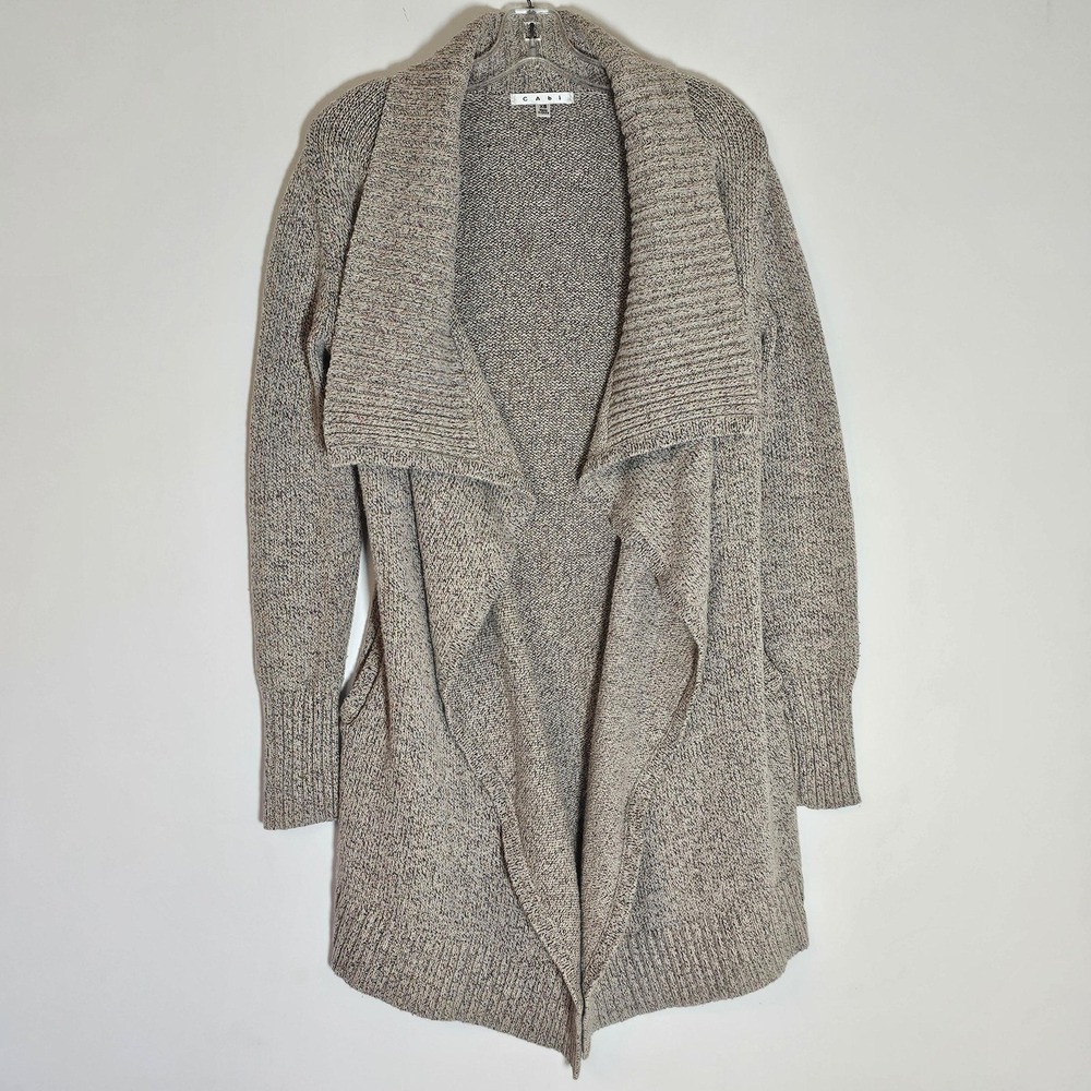Cabi Sweater Womens XS Gray Multi Open Front‎ Cardigan Shawl Collar Pockets Soft